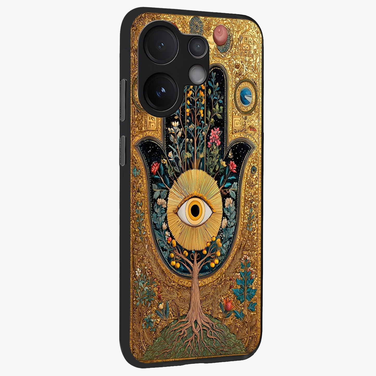 Ethereal Evil Eye Glass Case upright view showcasing celestial evil eye artwork with mystical theme.