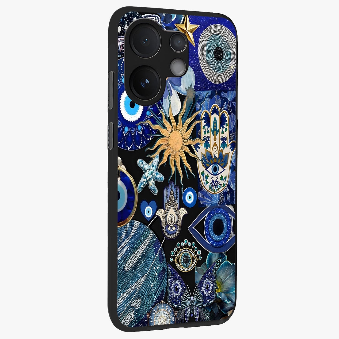 Evil Eye Charm Mix Glass Case upright view showcasing mystical evil eye pattern with vibrant decorative style.