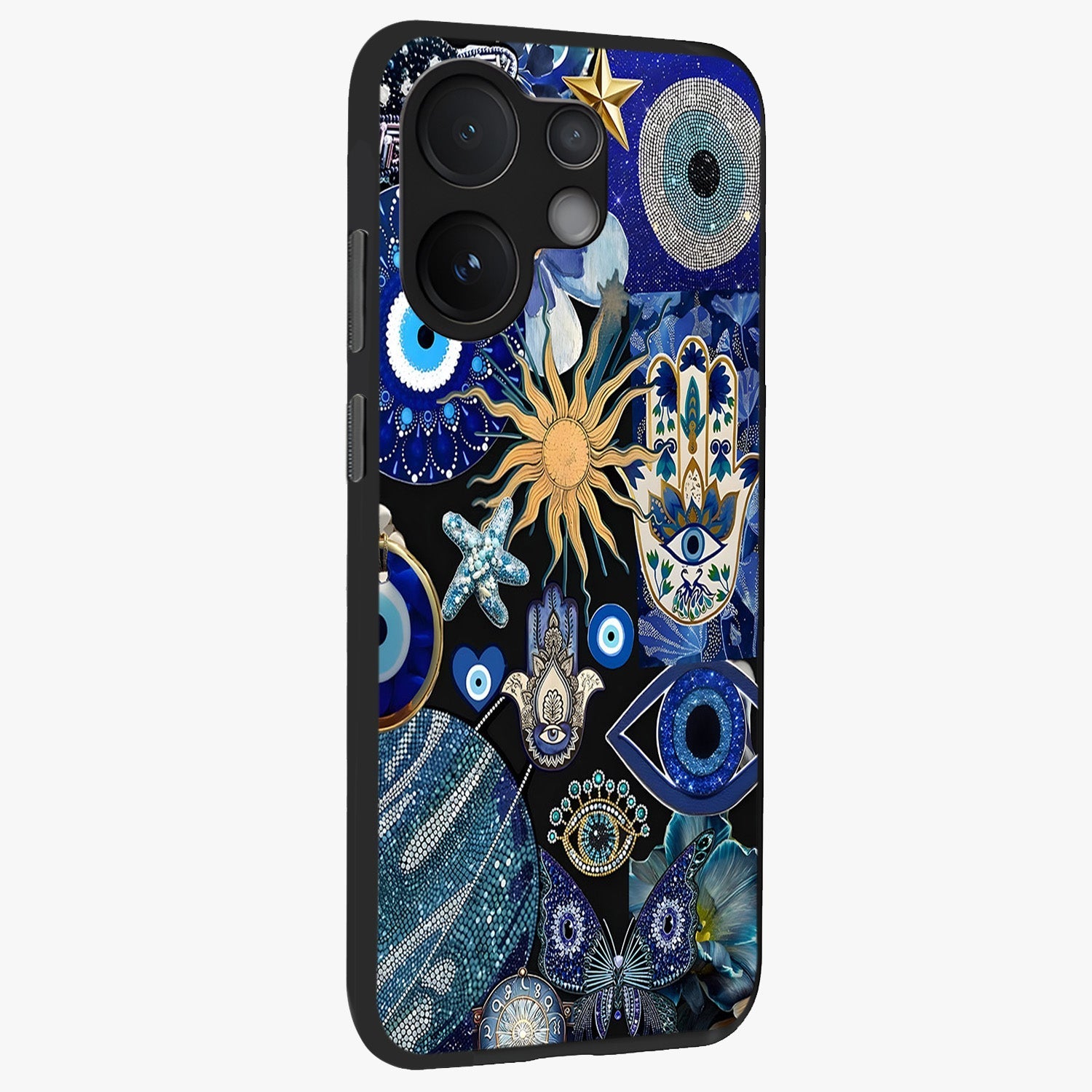Evil Eye Charm Mix Glass Case upright view showcasing mystical evil eye pattern with vibrant decorative style.