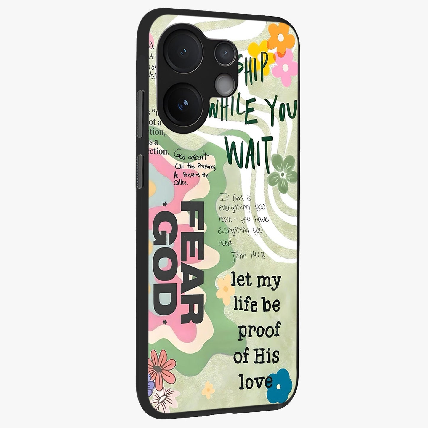 Faith Over Fear Glass Case upright view showcasing bold typography artwork with uplifting motivational theme.