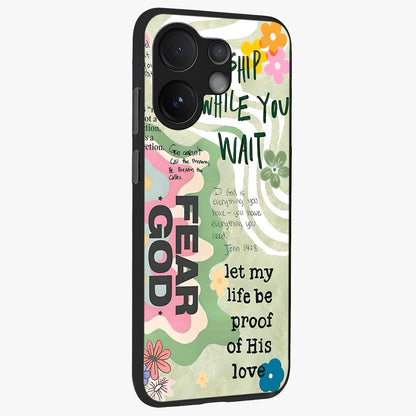 Faith Over Fear Glass Case upright view showcasing bold typography artwork with uplifting motivational theme.