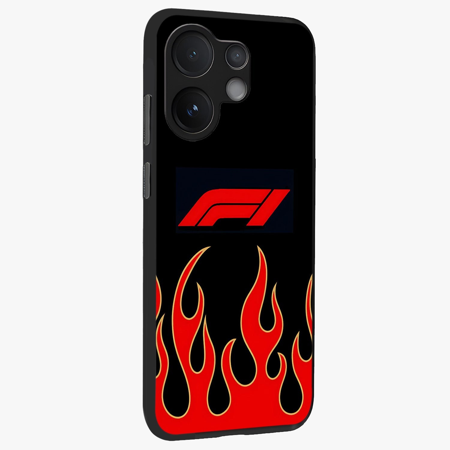Fire F11 Glass Case upright view showcasing dynamic flame artwork with intense visual theme.