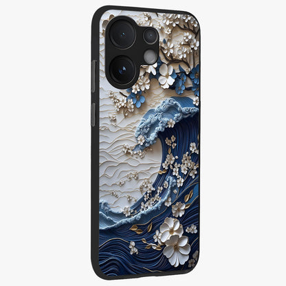 Floral Wave Origami Glass Case upright view showcasing creative floral origami artwork with artistic decorative theme.