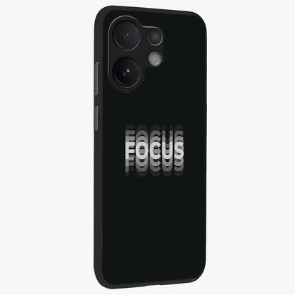 Focus Mode On Glass Case upright view showcasing strong typography statement with sleek motivational theme.