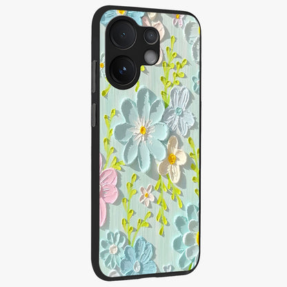 Frosted Petal Garden Glass Case upright view showcasing elegant floral garden artwork with soothing pastel theme.