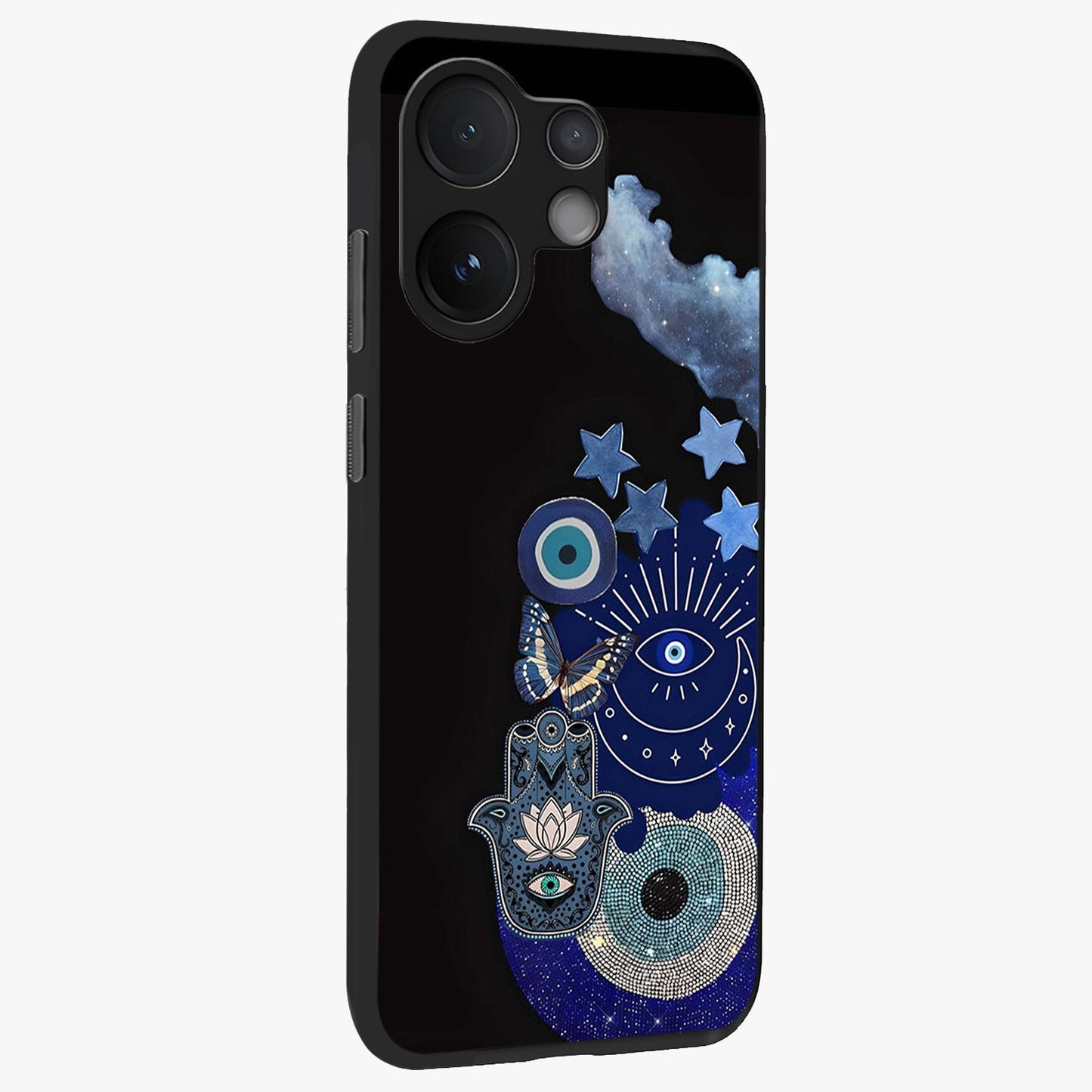 Galactic Charm Cluster Glass Case upright view showcasing glowing cosmic charm artwork with magical celestial style.