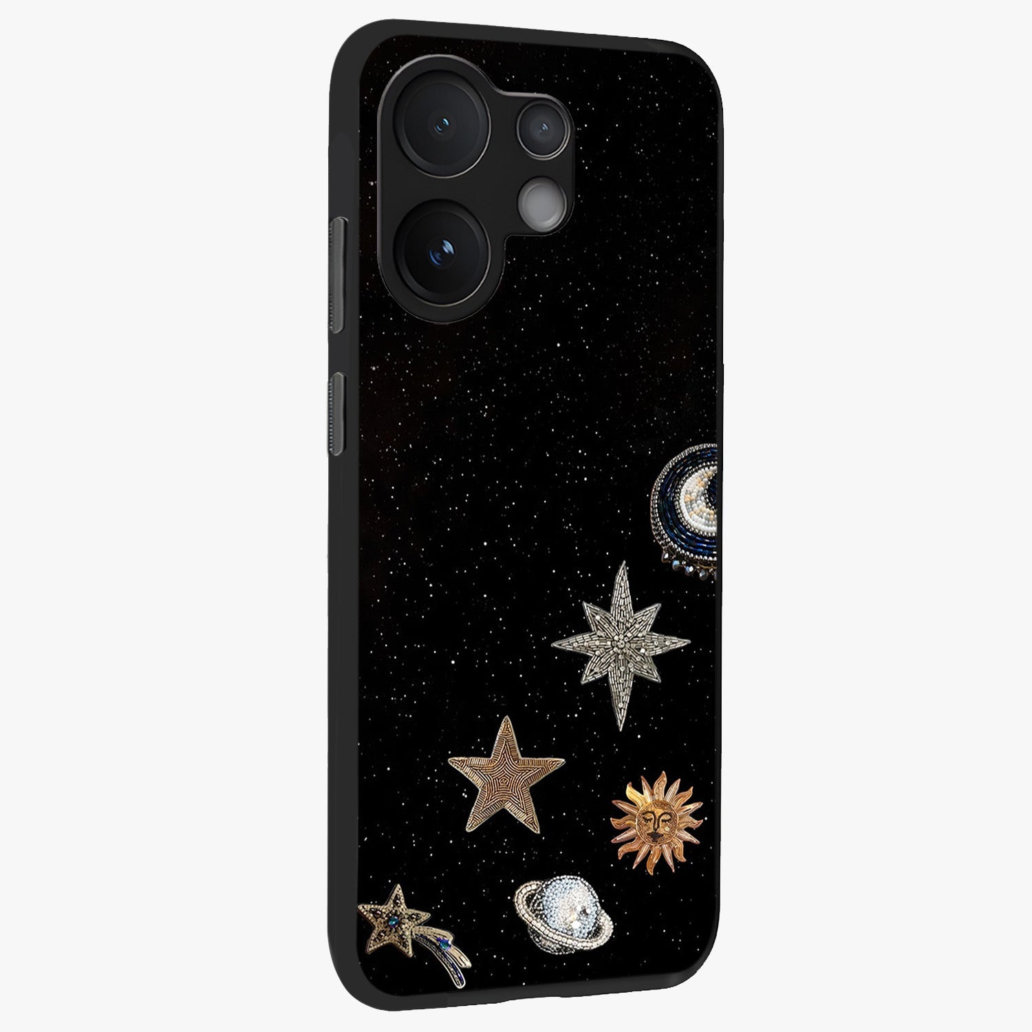 Galactic Charm Glow Glass Case upright view showcasing glowing cosmic charm artwork with magical celestial style.