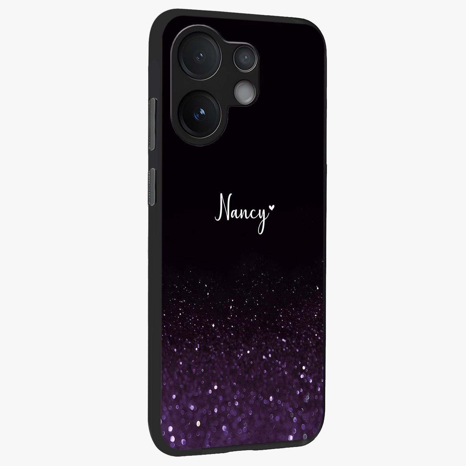 Glittery Purple Bokeh Custom Name Glass Case upright view showcasing vibrant purple sparkle artwork with personalized aesthetic style.