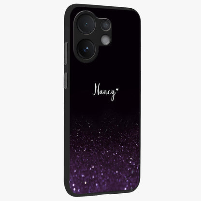 Glittery Purple Bokeh Custom Name Glass Case upright view showcasing vibrant purple sparkle artwork with personalized aesthetic style.