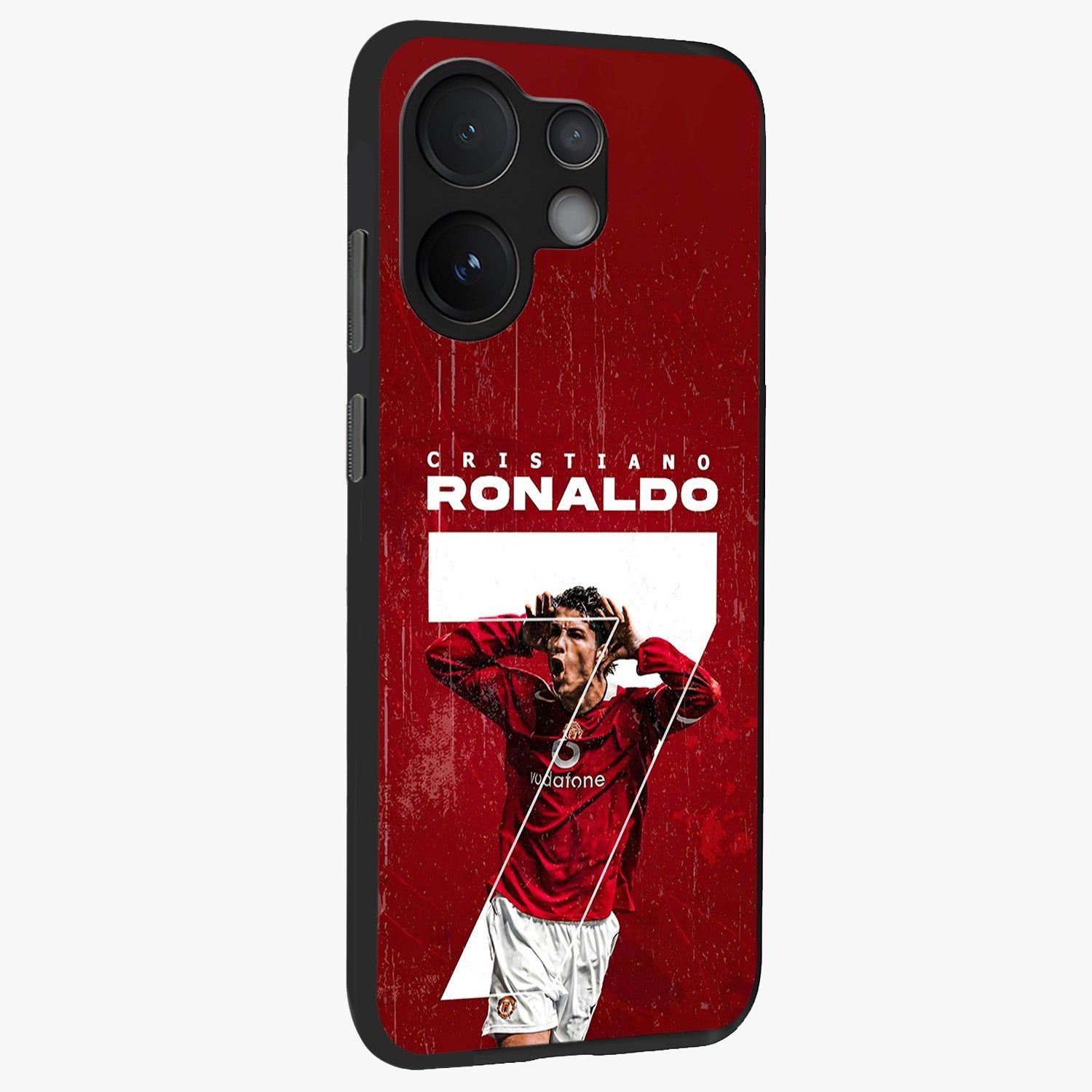 Goal Celebration Legacy Glass Case upright view showcasing dynamic football inspired artwork with victory celebration aesthetic.