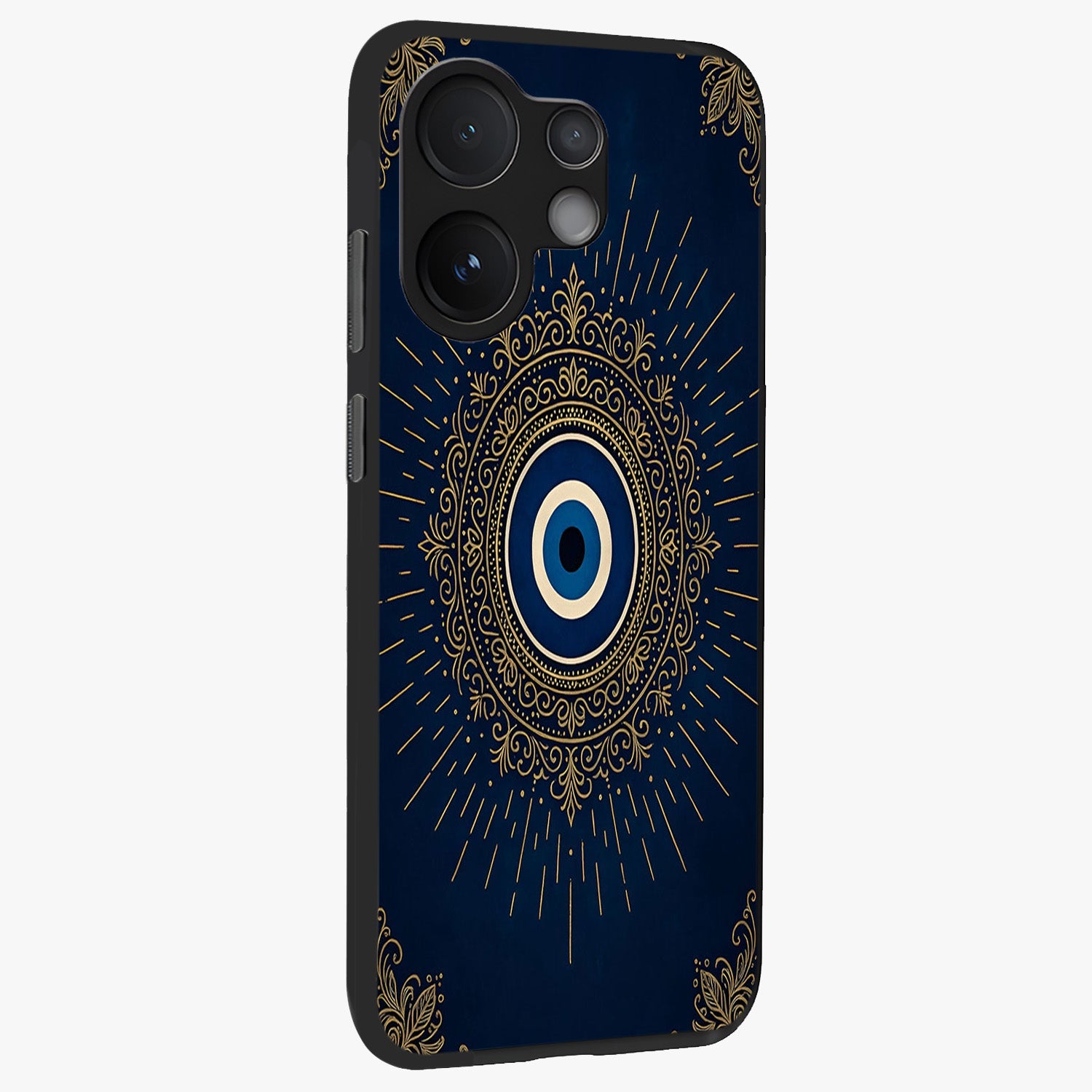 Golden Celestial Charm Glass Case upright view showcasing radiant celestial artwork with elegant golden theme.