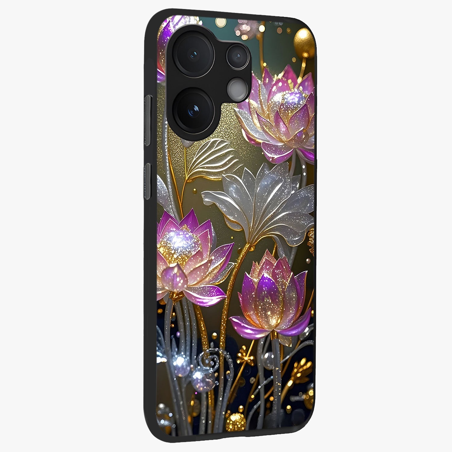 Golden Floral Majesty Glass Case upright view showcasing majestic floral artwork with rich decorative theme.