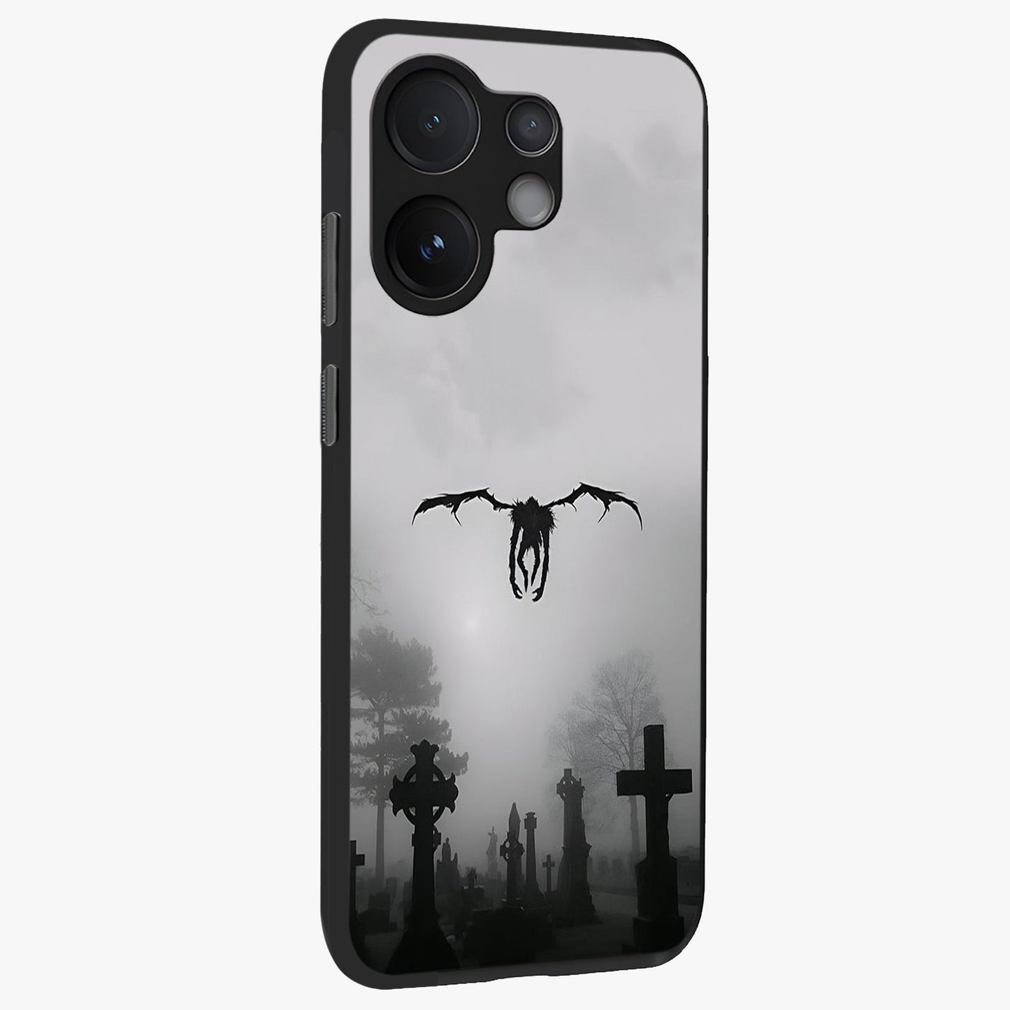 Graveyard Shadow Descent Glass Case upright view showcasing haunting graveyard artwork with dramatic dark theme.