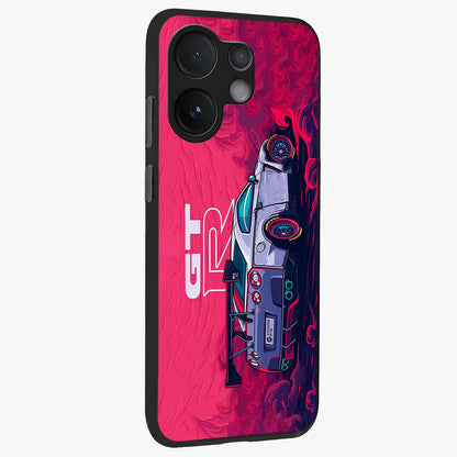 GT-R Car Pattern Glass Case upright view showcasing dynamic car pattern artwork with modern sports theme.