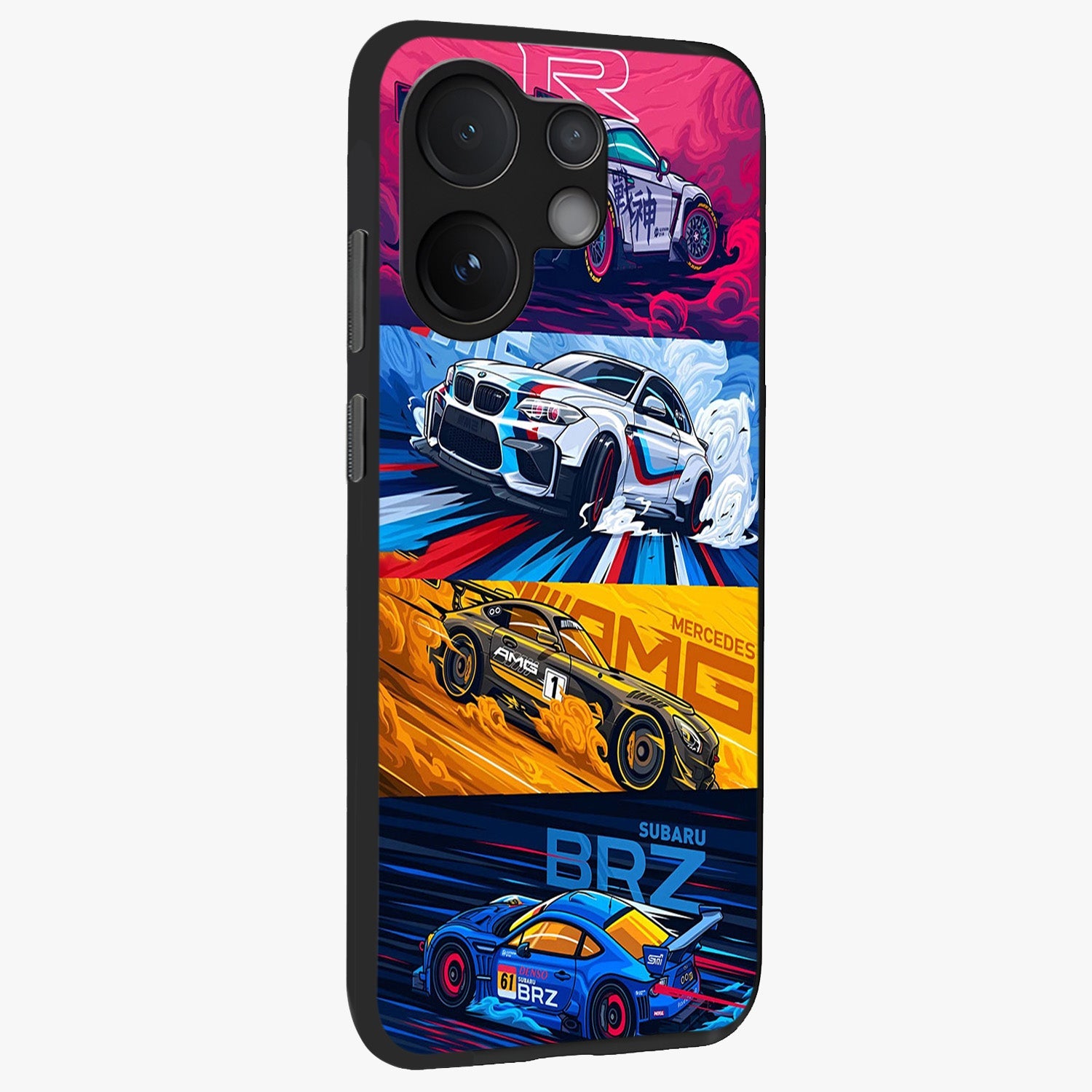 JDM Sports Car Glass Case upright view showcasing dynamic sports car artwork with bold racing theme.