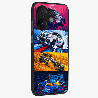 JDM Sports Car Glass Case upright view showcasing dynamic sports car artwork with bold racing theme.