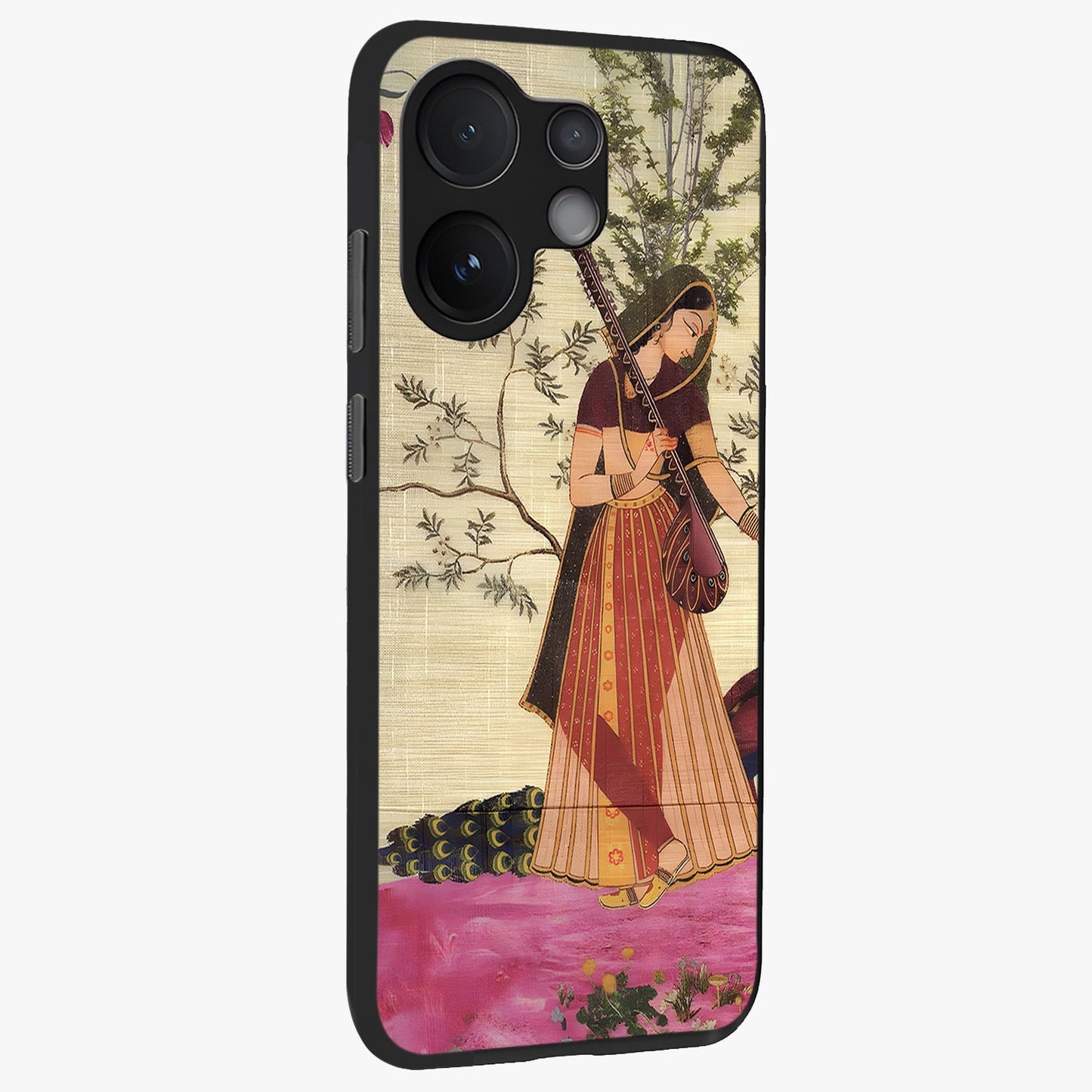 Lady With Veena Art Glass Case upright view showcasing classical veena artwork with traditional artistic theme.
