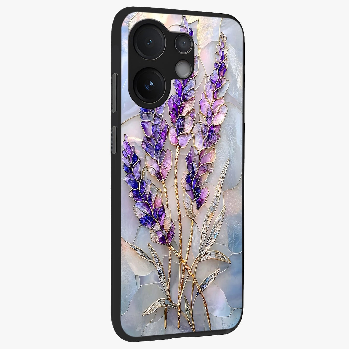 Lavender Dream Glow Glass Case upright view showcasing radiant lavender glow artwork with calming dreamy theme.