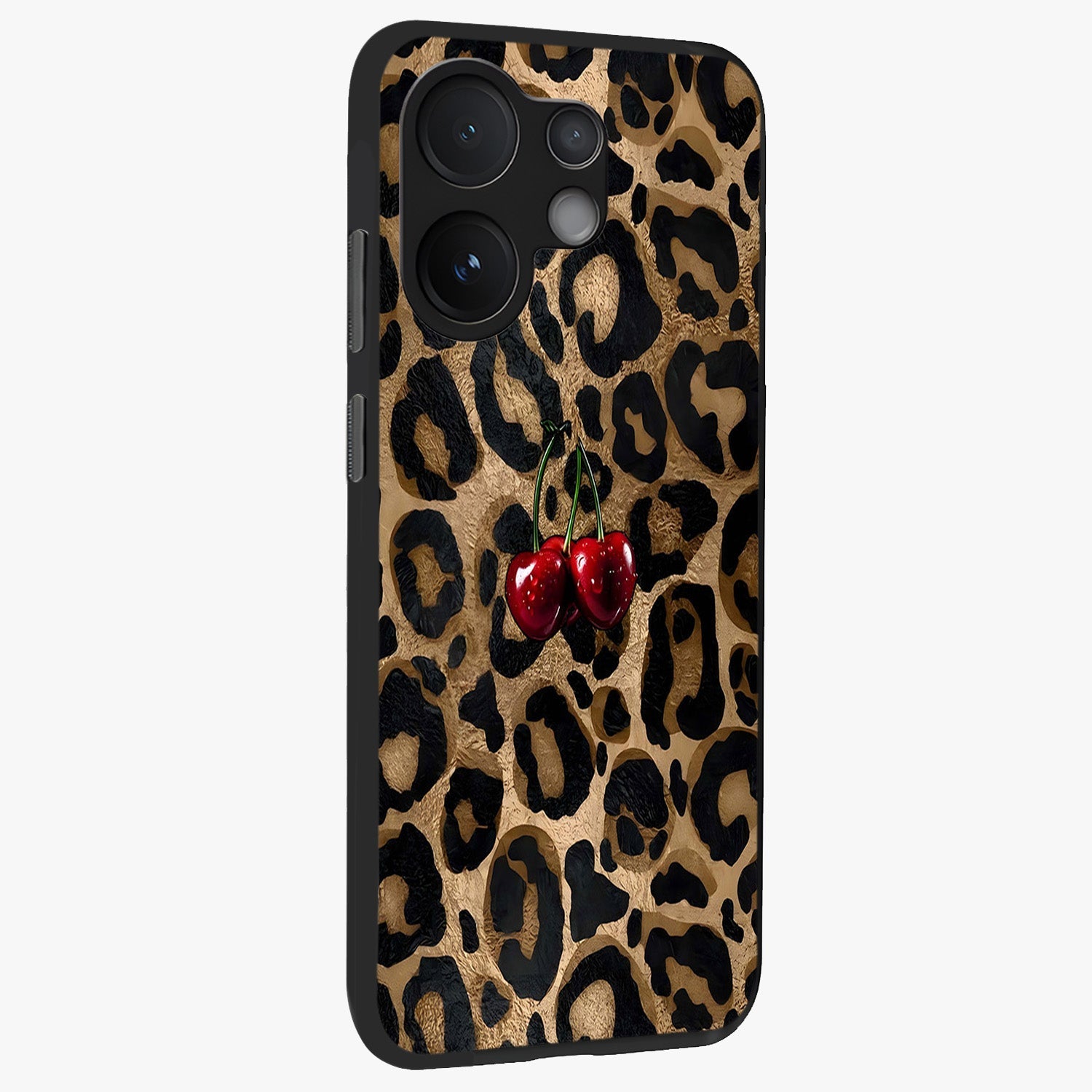 Leopard Wild Cherry Glass Case upright view showcasing stylish leopard pattern artwork with trendy fashion theme.