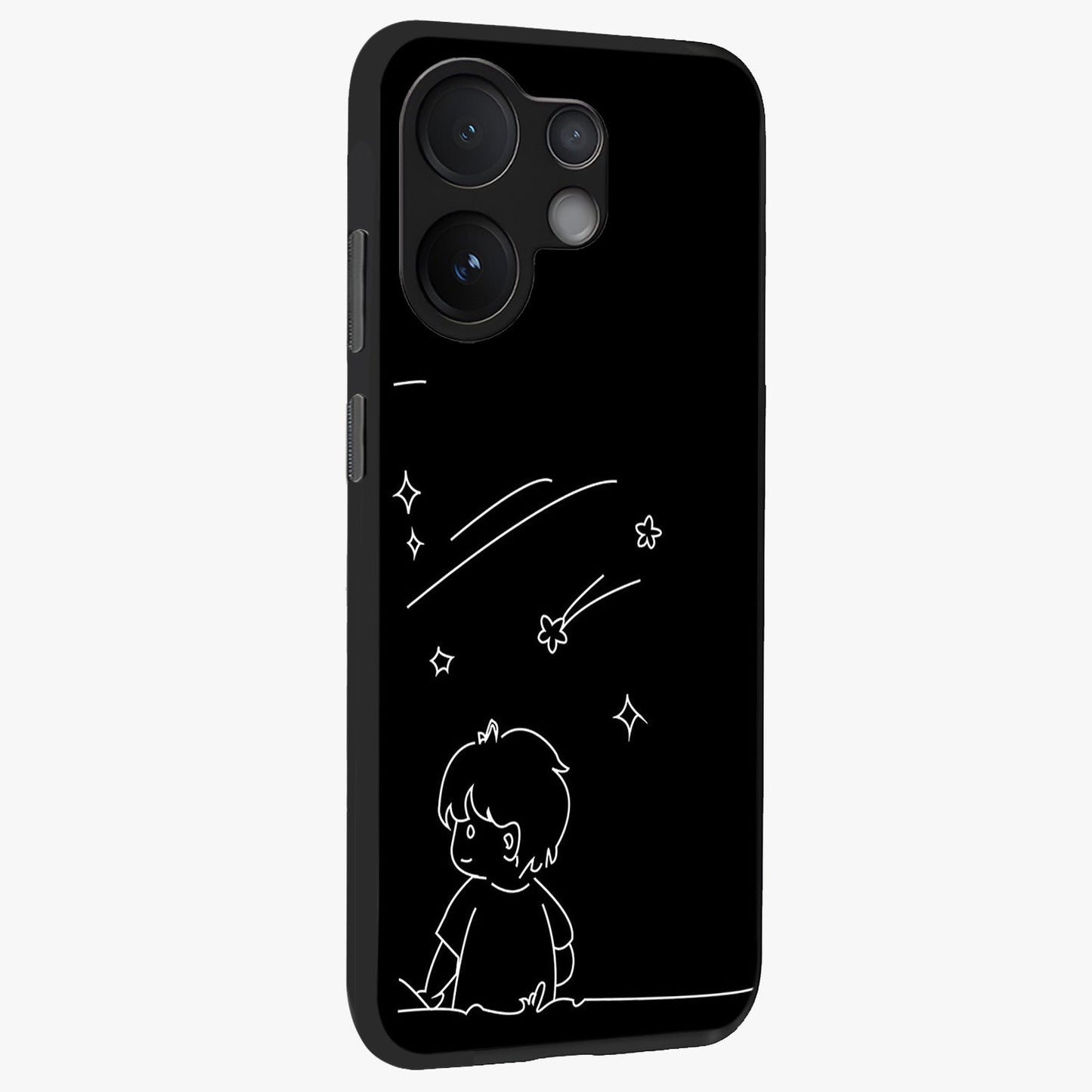 Line Art Boy With Shooting Stars Glass Case upright view showcasing artistic shooting star illustration with minimal style.