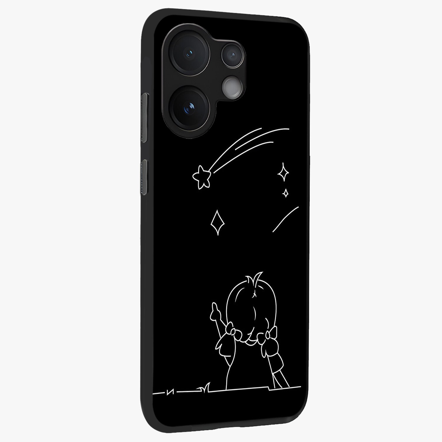 Line Art Girl With Shooting Stars Glass Case upright view showcasing delicate shooting stars artwork with minimal artistic theme.