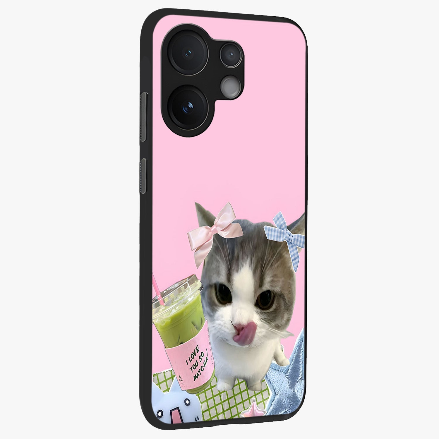 Love Matcha Cat Glass Case upright view showcasing adorable cat artwork with charming matcha themed design.