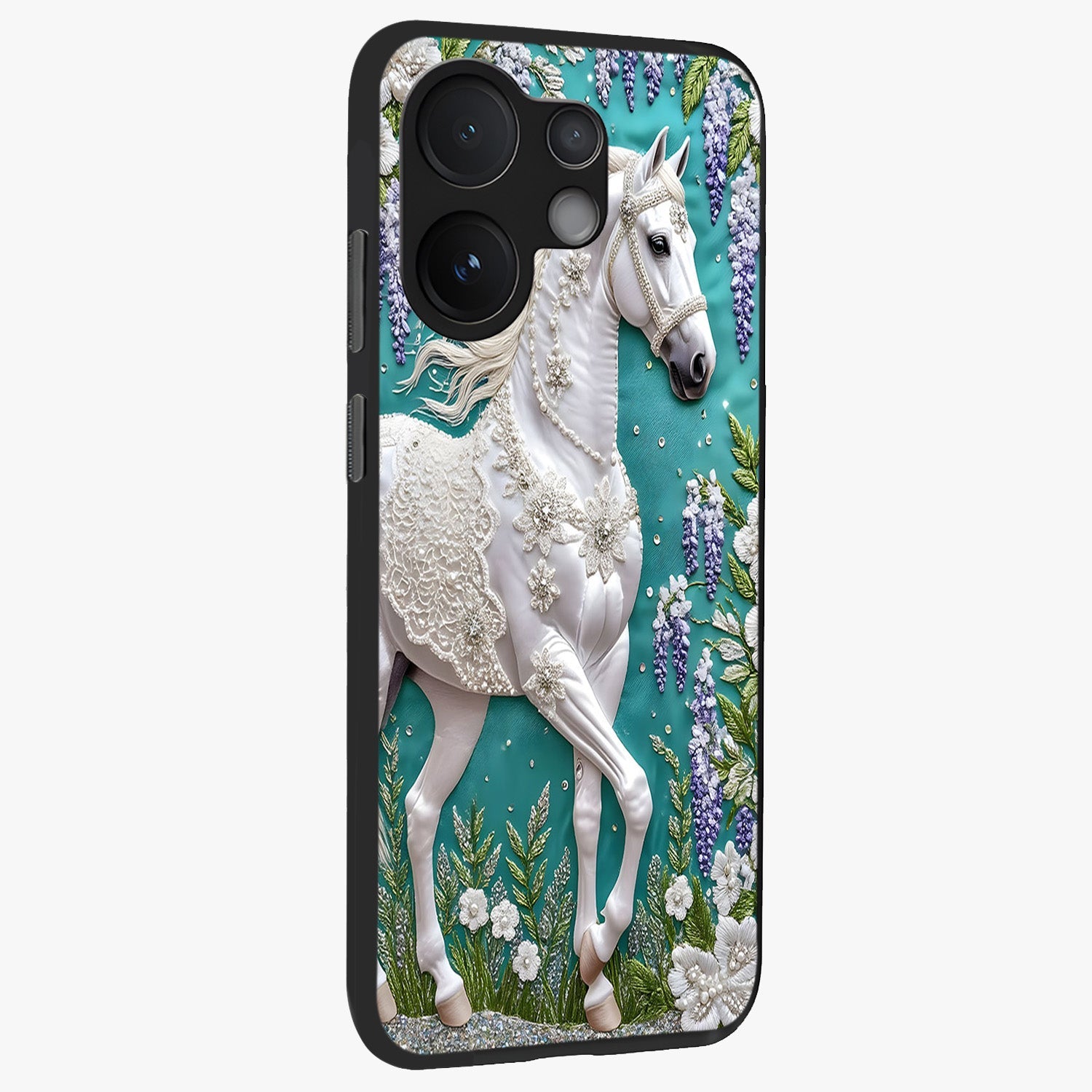 Majestic Floral Stallion Glass Case upright view showcasing dramatic horse artwork with decorative floral theme.
