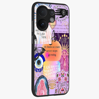 Manifestation Collage Glass Case upright view showcasing artistic manifestation themed artwork with creative style.