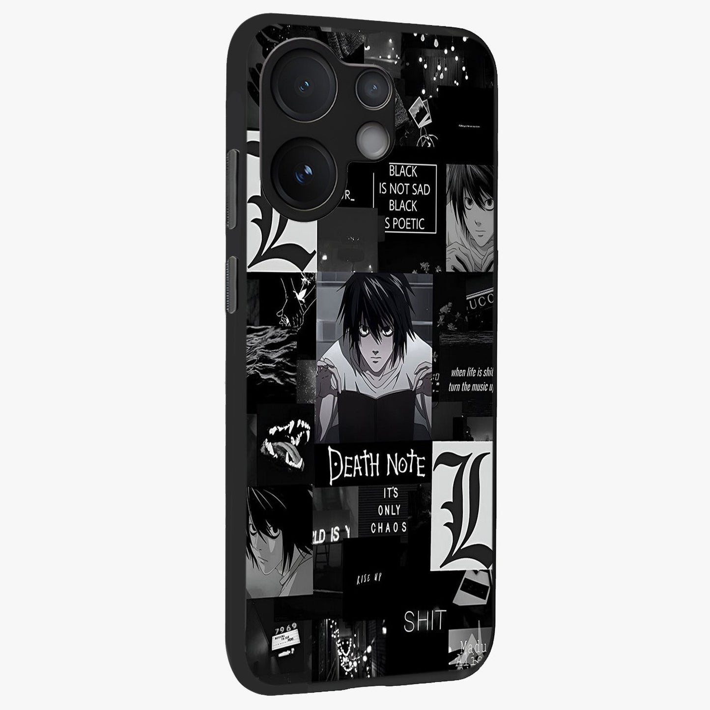 Midnight Chaos Mind Glass Case upright view showcasing expressive abstract artwork with bold dark theme.