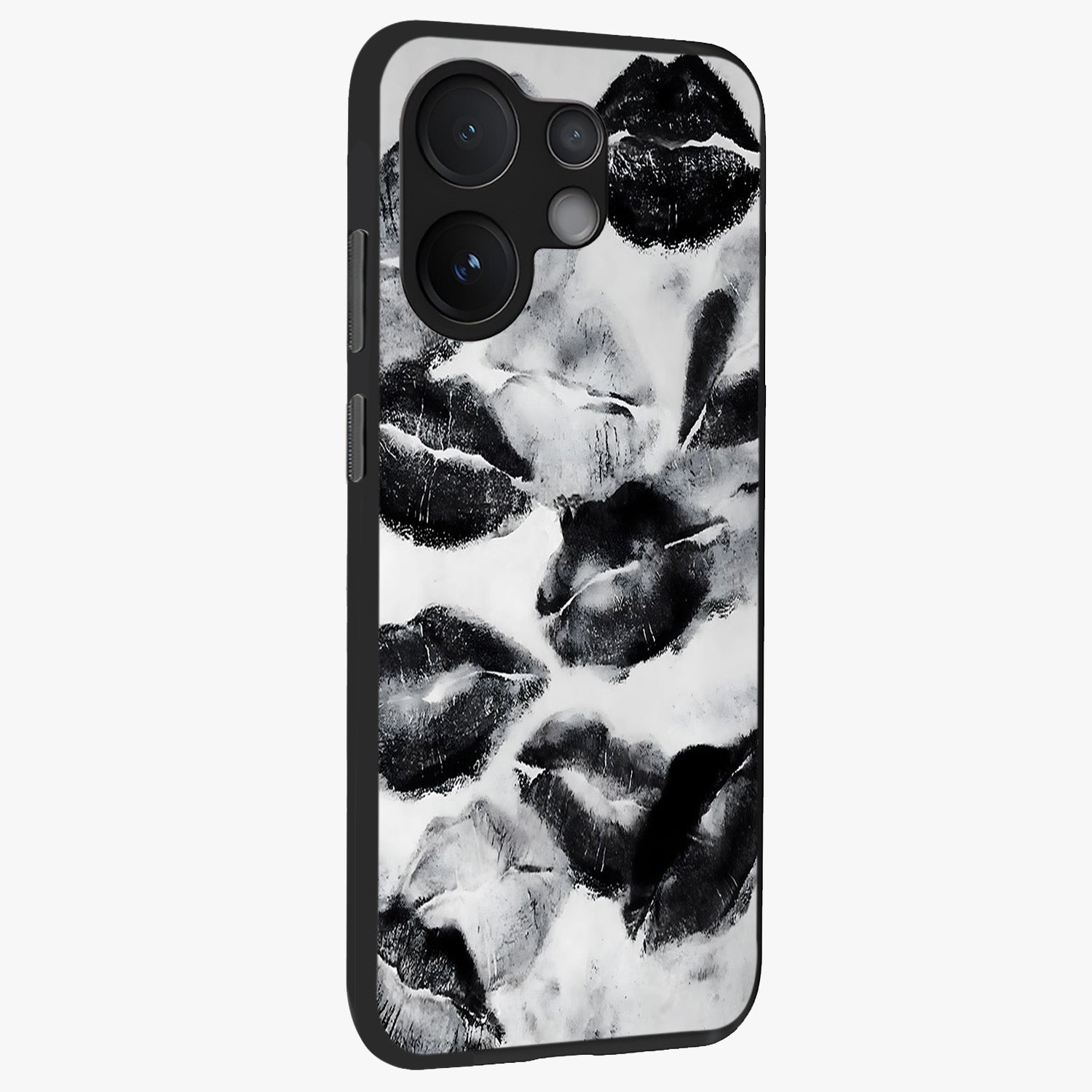 Midnight Kiss Marks Glass Case upright view showcasing stylish kiss mark artwork with trendy romantic theme.
