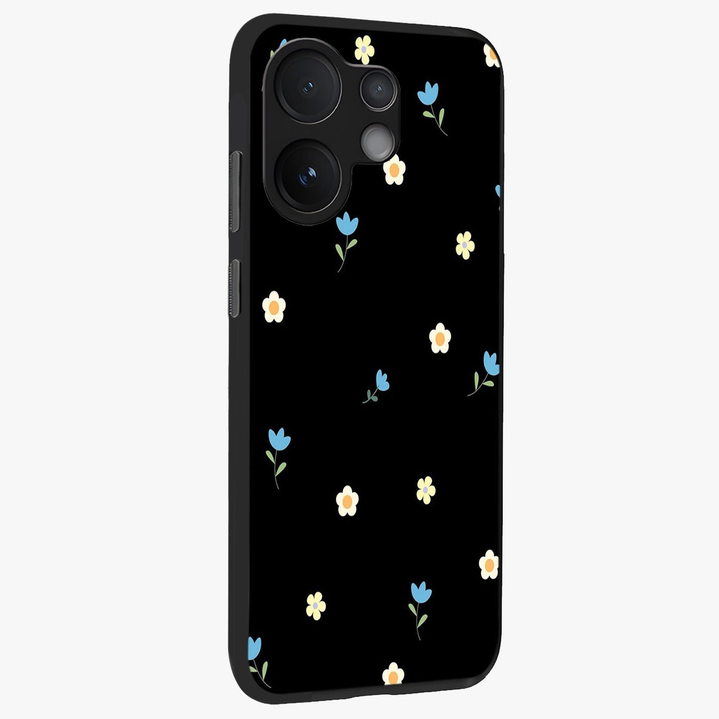 Minimal Petal Whispers Glass Case upright view showcasing elegant floral artwork with modern minimalist style.