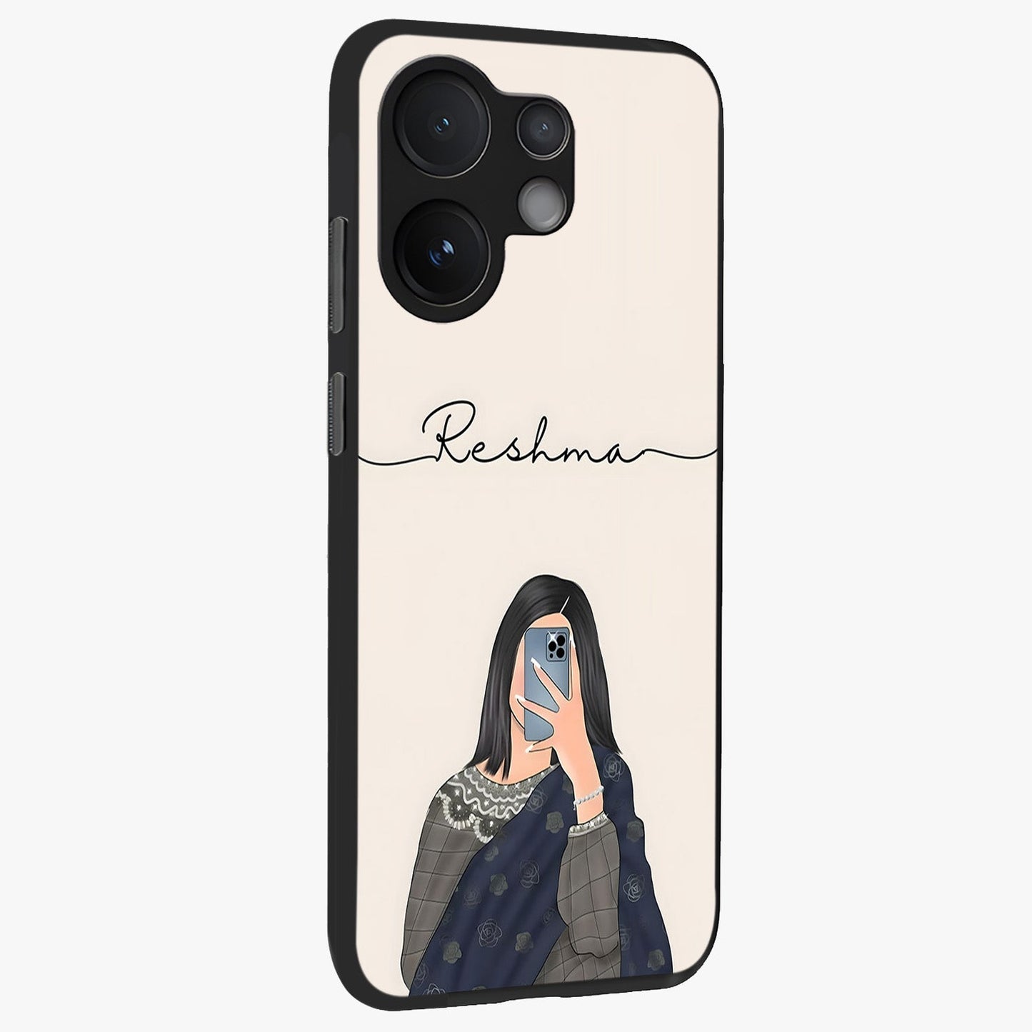 Mirror Mood Muse With Custom Name Glass Case upright view showcasing artistic mirror themed artwork with personalized aesthetic.