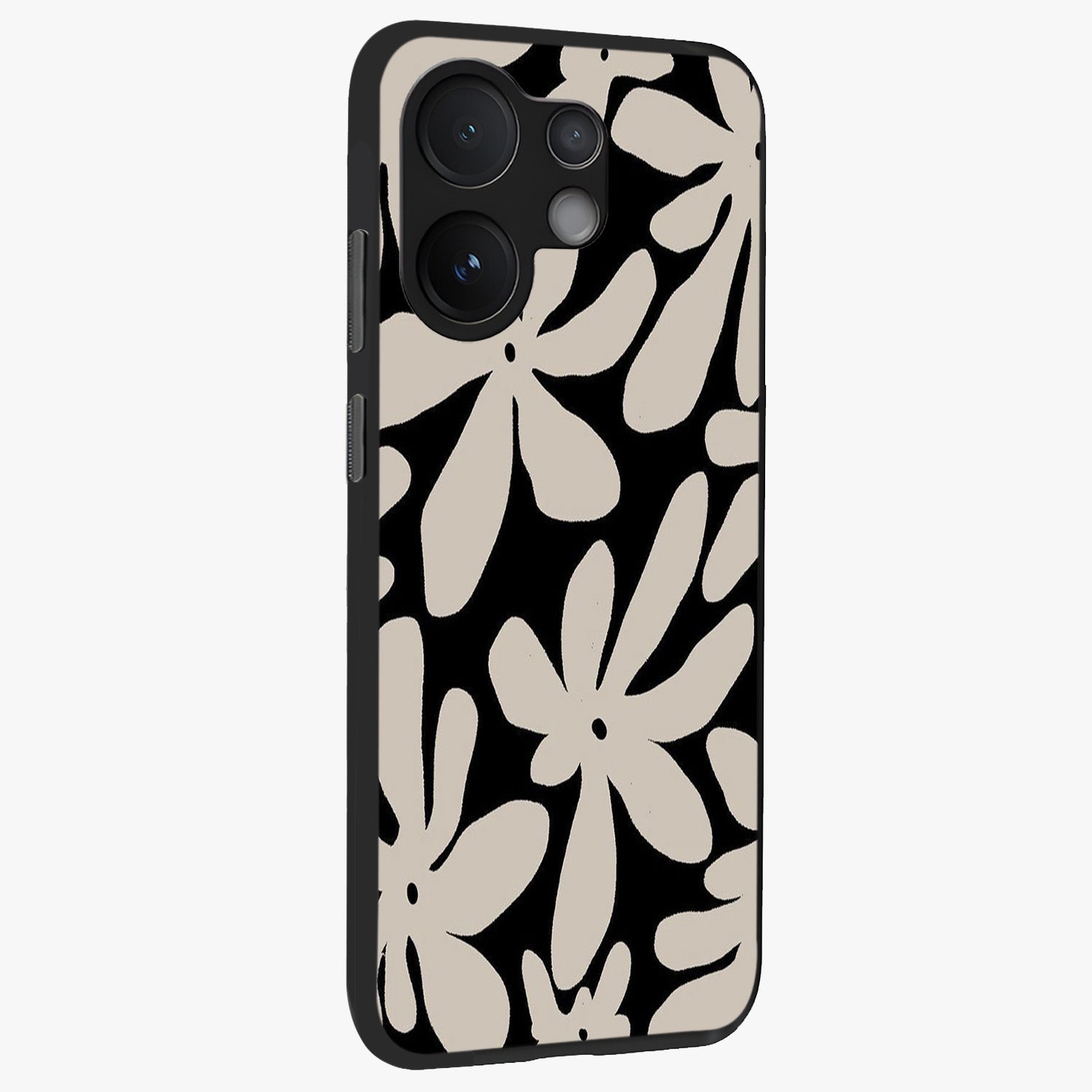 Monochrome Petal Dance Glass Case upright view showcasing artistic floral pattern with stylish monochrome theme.