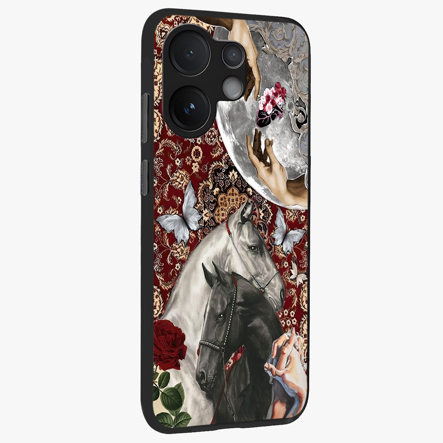 Moonlit Royal Stallion Glass Case upright view showcasing dramatic horse artwork with glowing moon themed design.