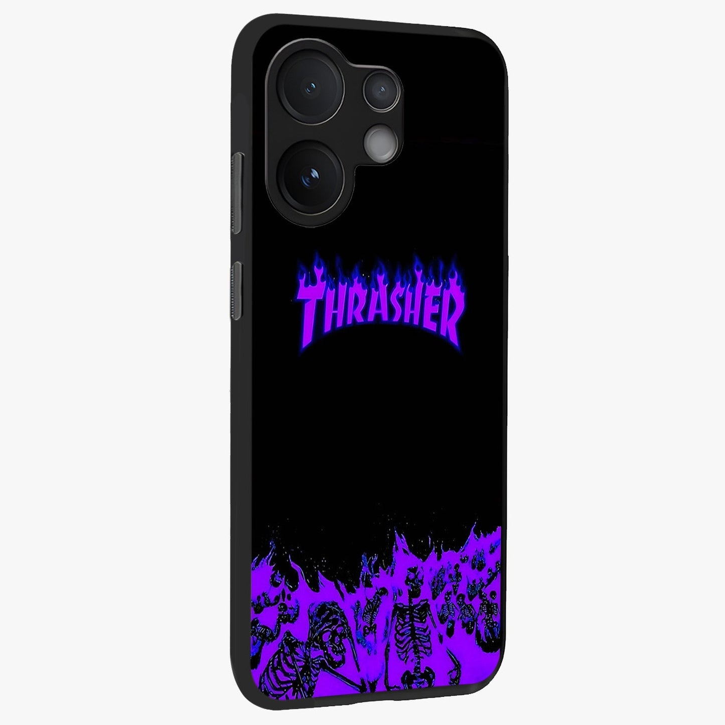 Neon Flame Riot Glass Case upright view showcasing dynamic flame artwork with energetic neon theme.