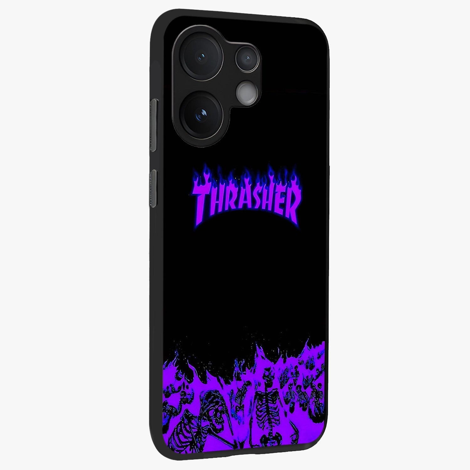 Neon Flame Riot Glass Case upright view showcasing dynamic flame artwork with energetic neon theme.