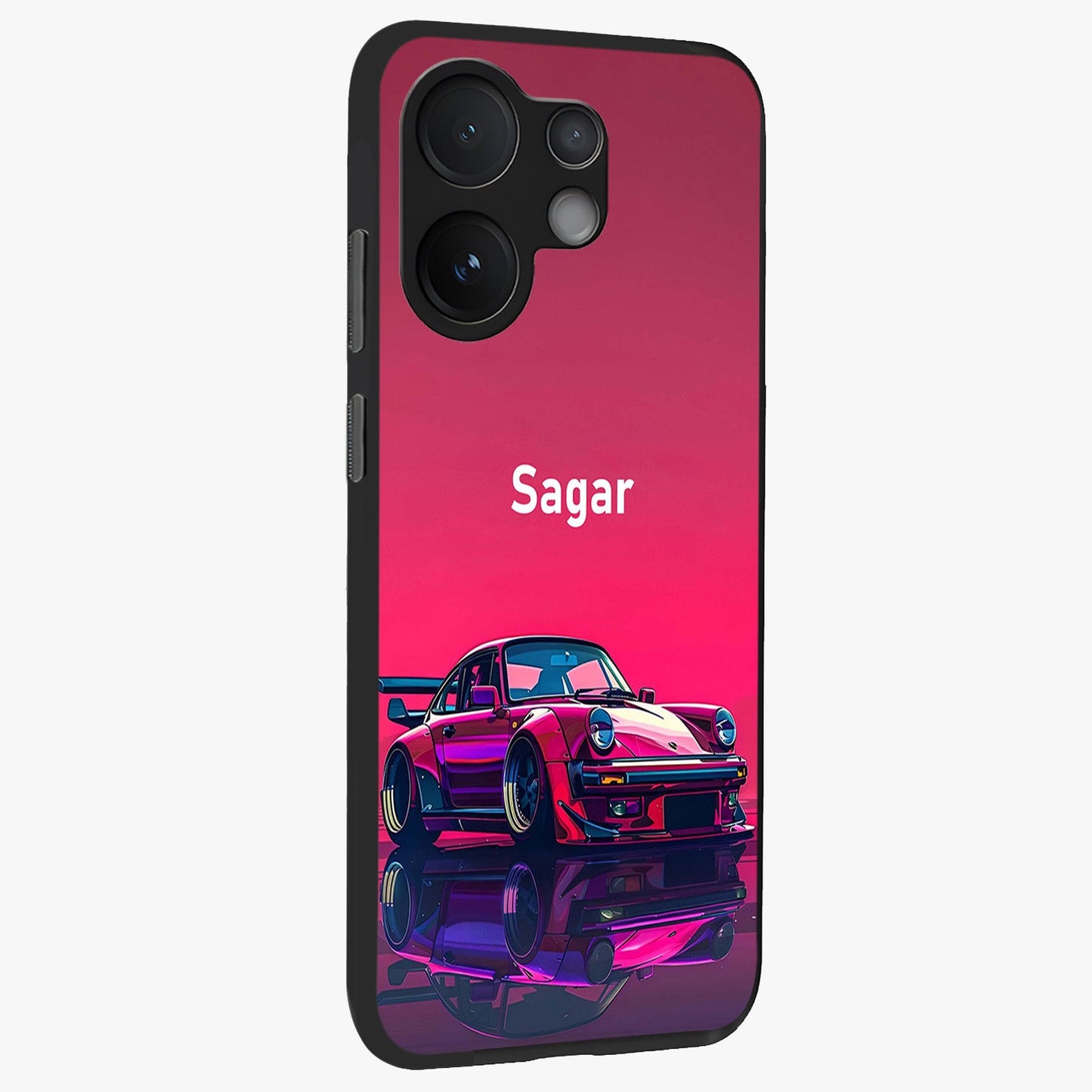 Neon Pink Porsche Glass Case upright view showcasing vibrant sports car artwork with bold automotive theme.
