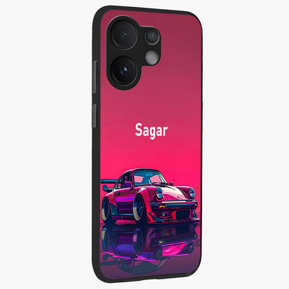 Neon Pink Porsche Glass Case upright view showcasing vibrant sports car artwork with bold automotive theme.