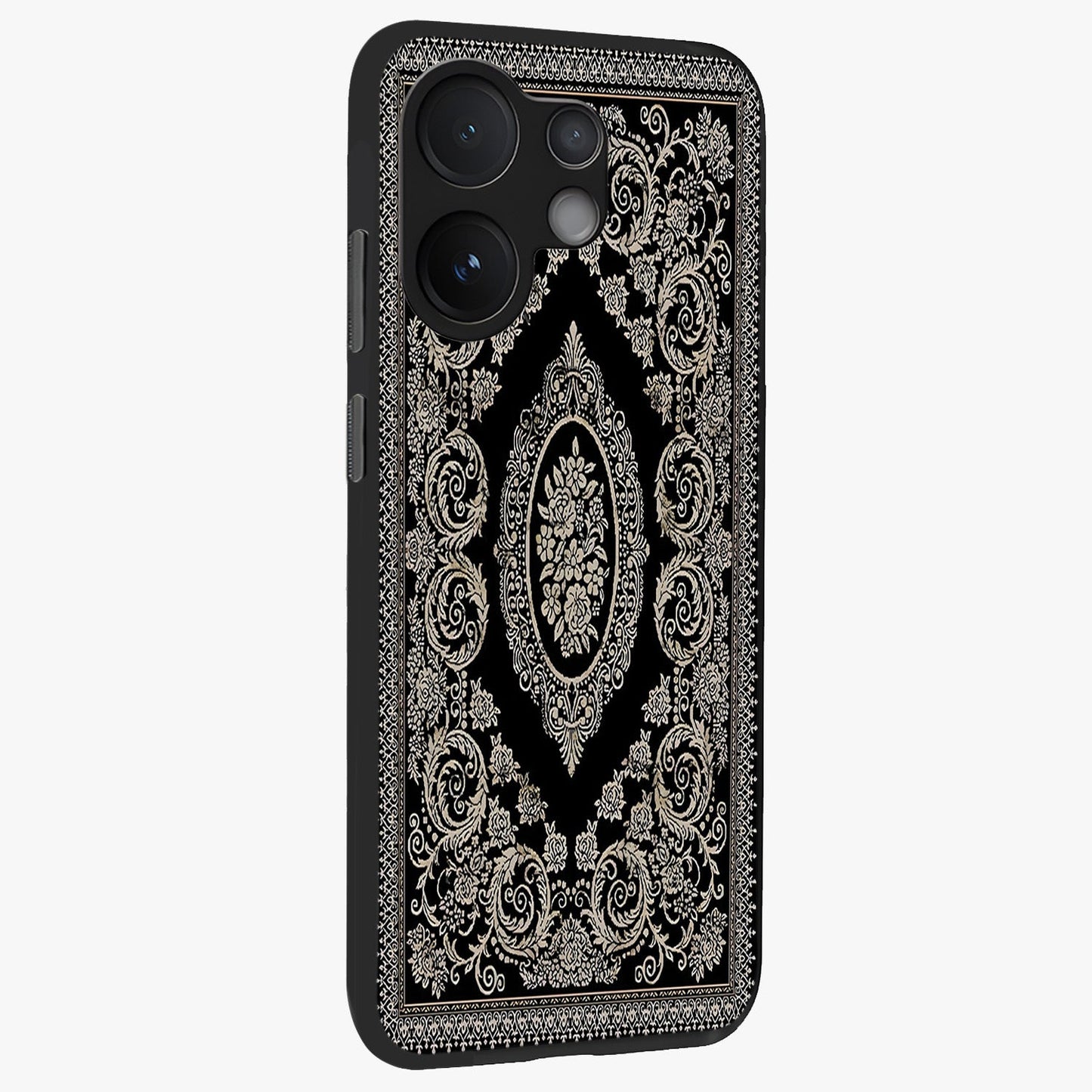 Noir Bloom Elegance Glass Case upright view showcasing graceful floral artwork with luxurious dark theme.