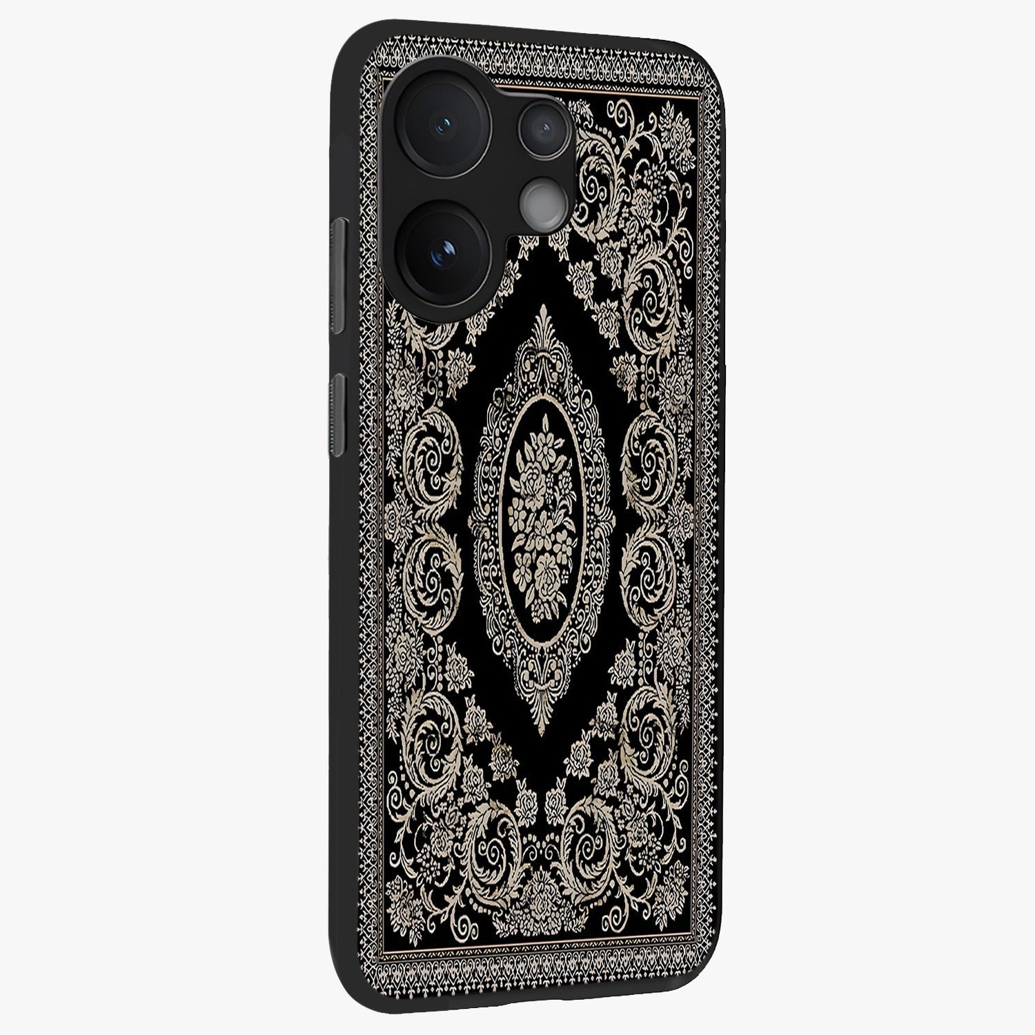 Noir Bloom Elegance Glass Case upright view showcasing graceful floral artwork with luxurious dark theme.