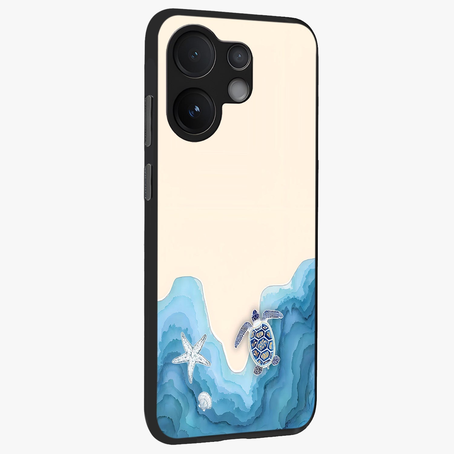 Ocean Drift Turtle Glass Case upright view showcasing calm underwater turtle artwork with nature inspired theme.