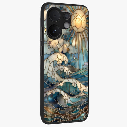 Oceanic Stained Printed Glass Case upright view showcasing decorative ocean pattern artwork with vibrant marine theme.