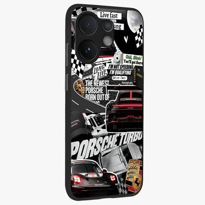 Porsche Racing Collage Glass Case upright view showcasing energetic car collage artwork with high speed racing theme.