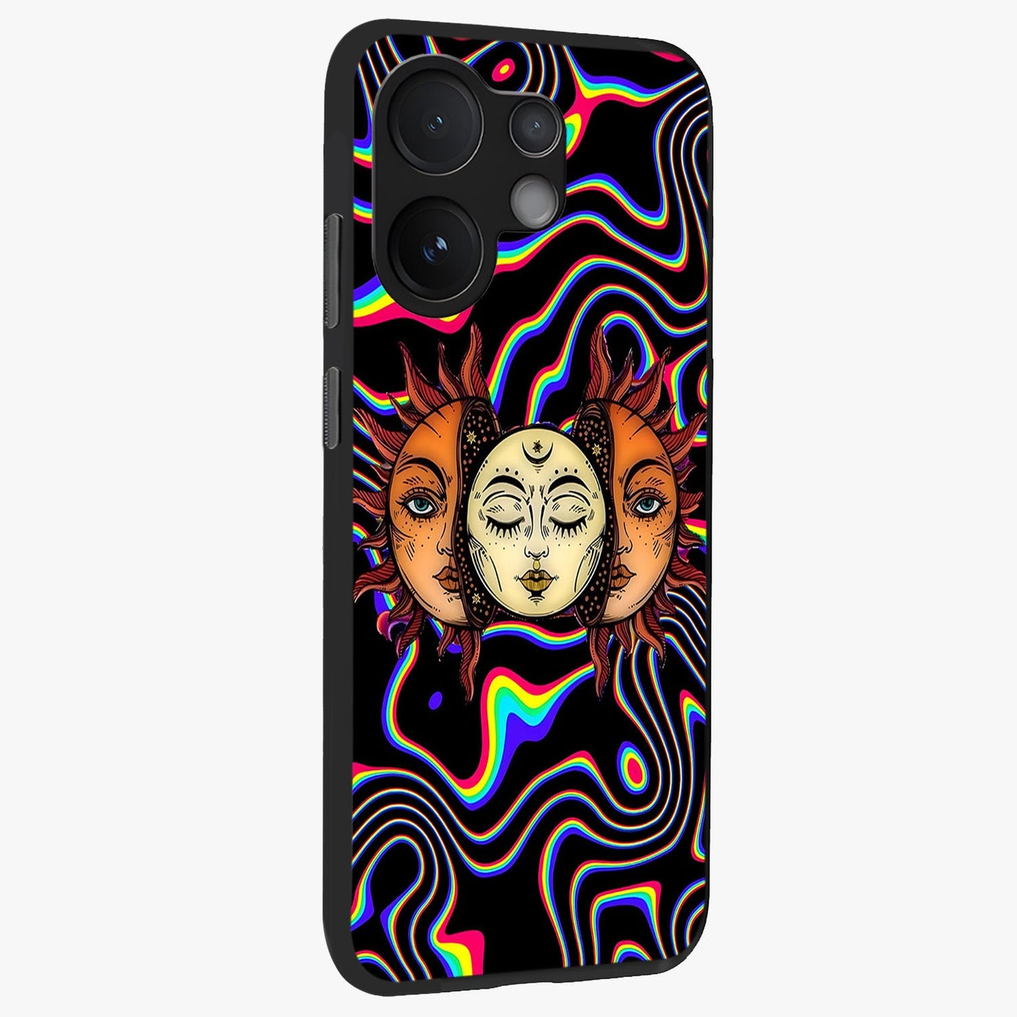 Psychedelic Sun Glass Case upright view showcasing trippy sun artwork with bold psychedelic theme.