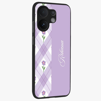 Purple Diamond Floral Glass Case upright view showcasing vibrant floral artwork with stylish geometric theme.