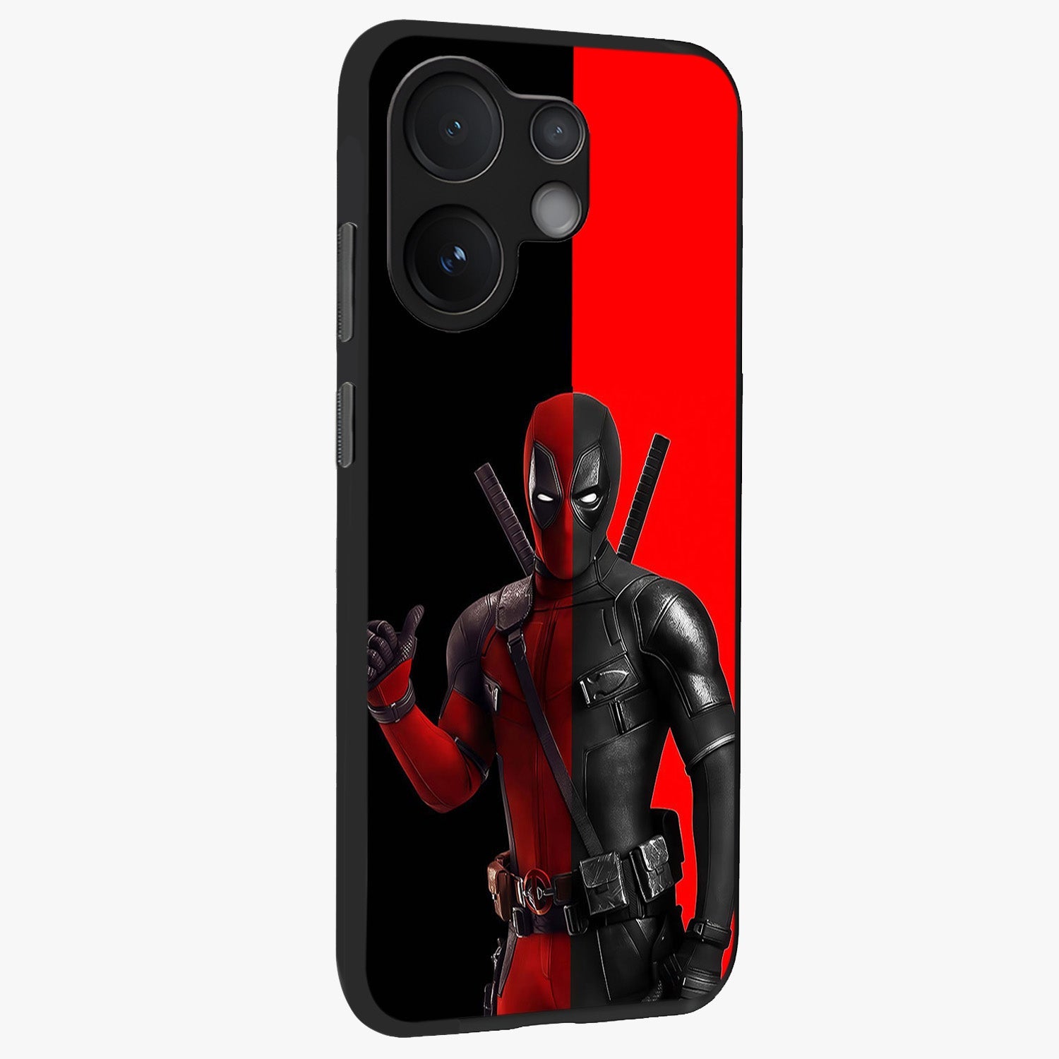 Red & Black Deadpool Theme Glass Case upright view showcasing energetic comic themed artwork with striking red and black design.
