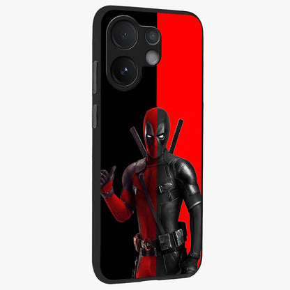 Red & Black Deadpool Theme Glass Case upright view showcasing energetic comic themed artwork with striking red and black design.