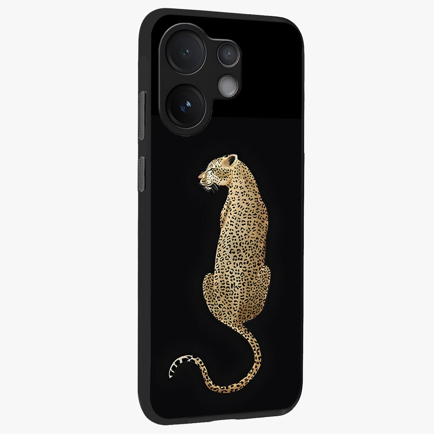 Regal Leopard Glass Case upright view showcasing striking leopard artwork with fierce wildlife theme.