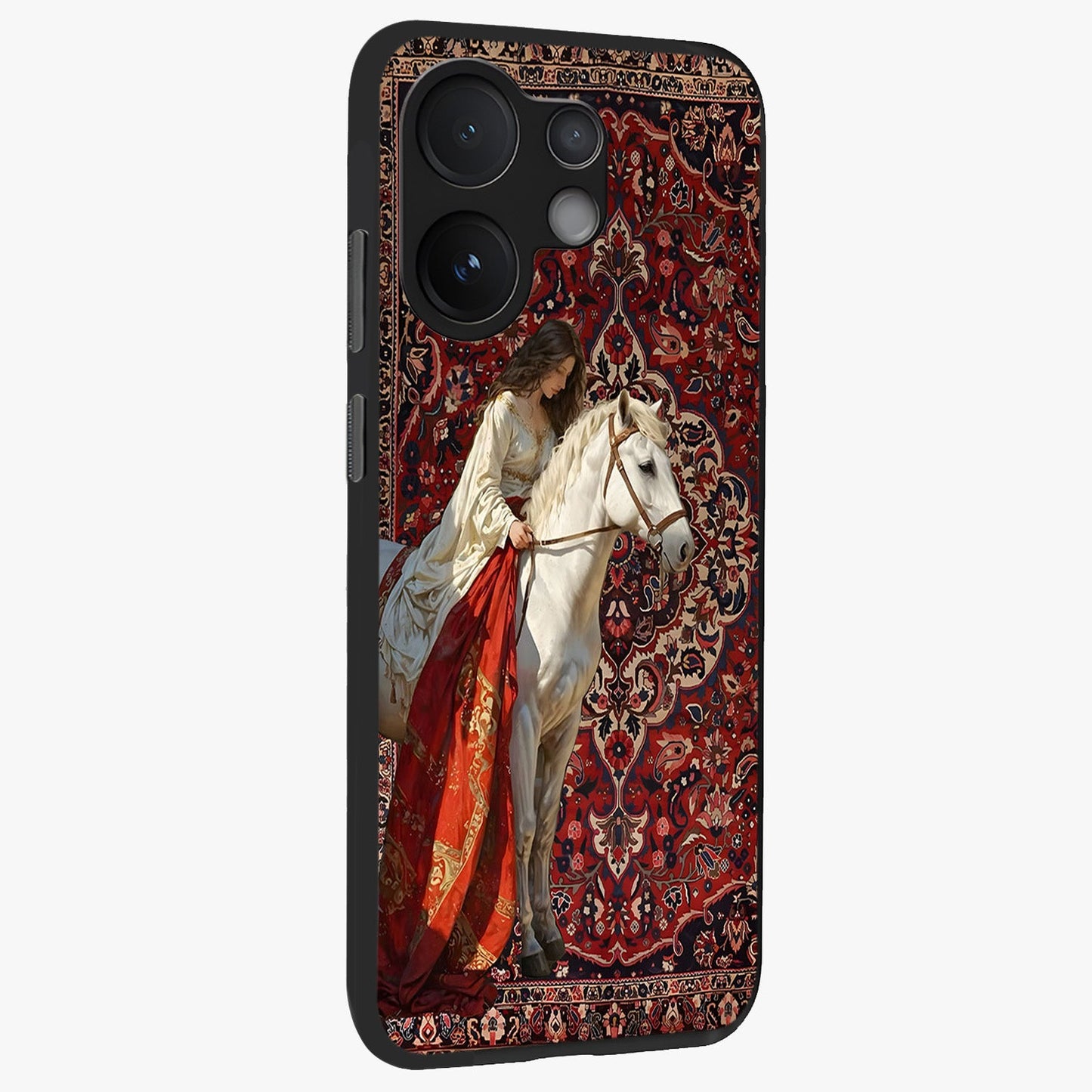 Royal Rider Tapestry Glass Case upright view showcasing detailed rider artwork with classic tapestry theme.