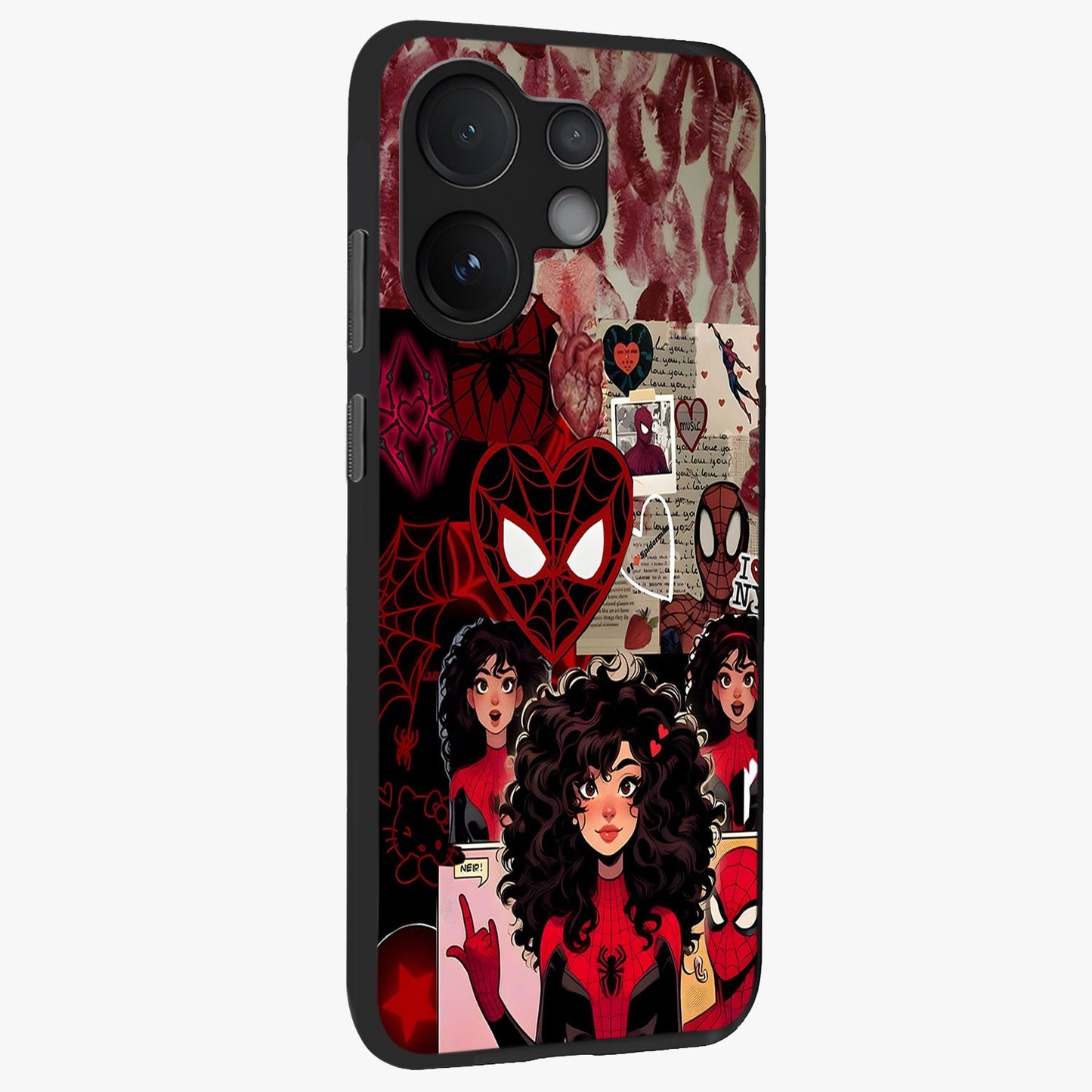 Spider Love Story Glass Case upright view showcasing charming superhero artwork with romantic comic theme.